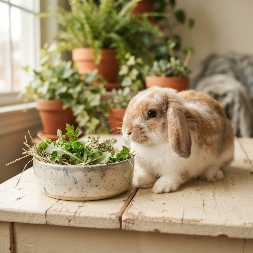 A Holland Lop bunny beside a ceramic bowl of fresh greens and hay