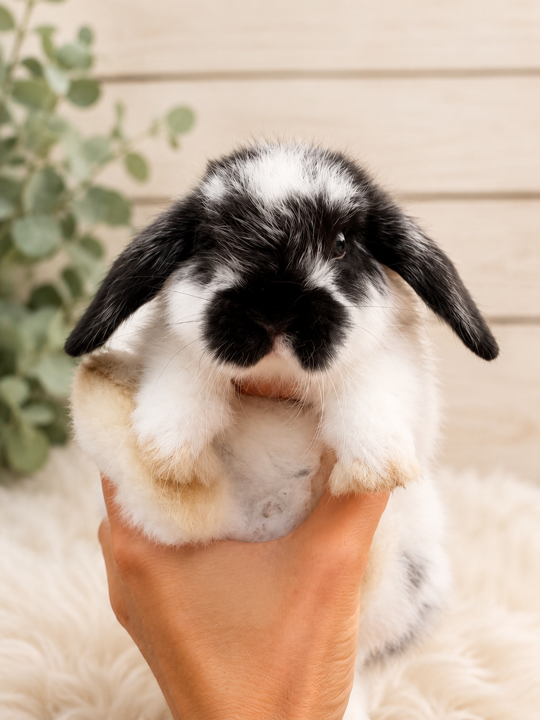 Gentle hands cradling a tiny grey and white baby Holland Lop bunny