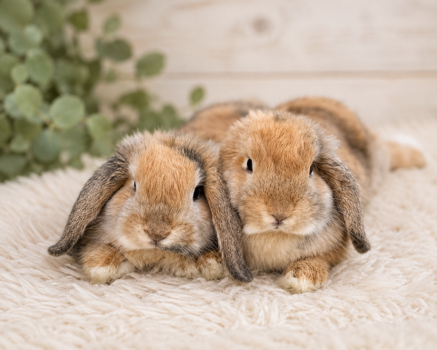 A fluffy cream and brown Holland Lop rabbit resting among dried flowers and sage foliage